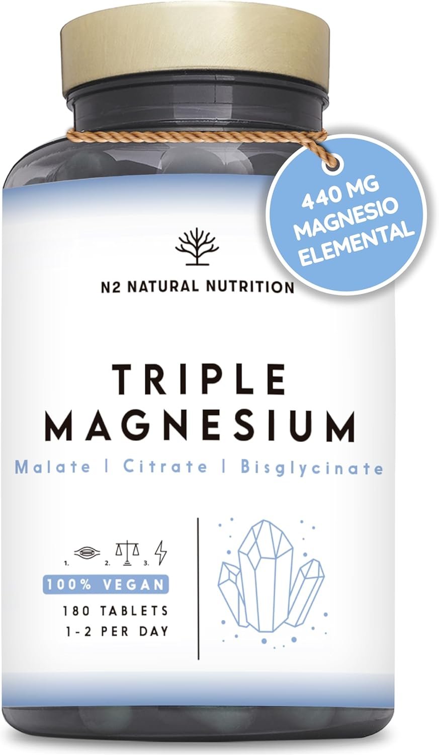 Magnesio Triple de N2 – Citrato 1440 mg + Bisglicinato 600 mg + Malato 600 mg (440 mg de magnesio elemental)