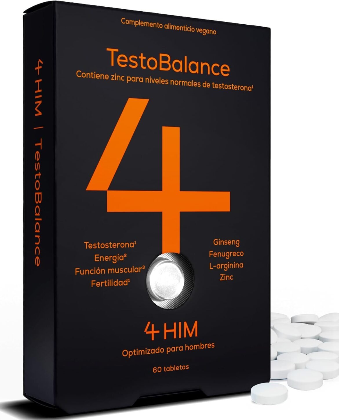 4HIM TestoBalance – Zinc, Magnesio, B6, Fenogreco, L‑Arginina & Ginseng (60 comprimidos veganos)