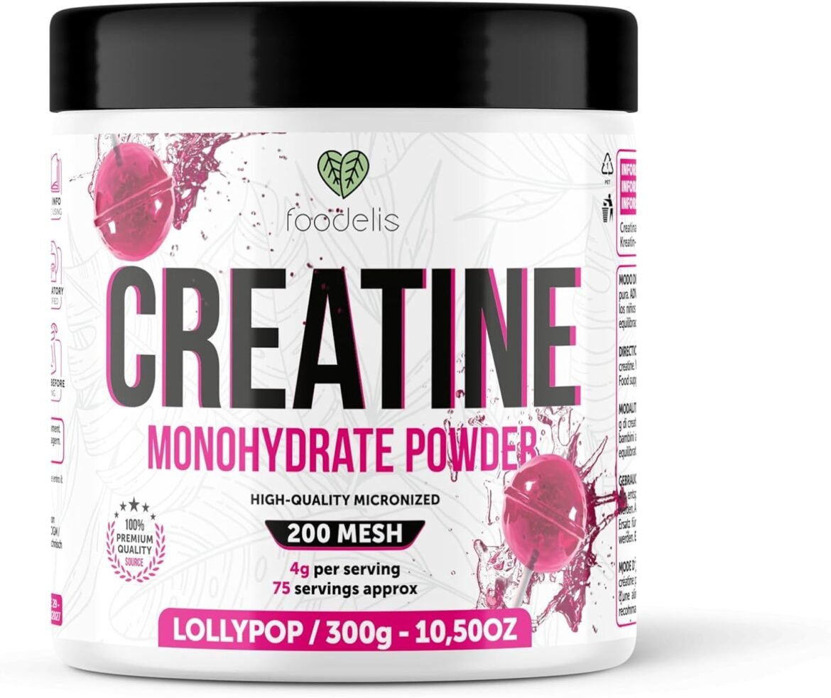 Foodelis Creatina Monohidratada 300g – Sabor Lollypop: Potencia y Recuperación al Alcance de tu Mano